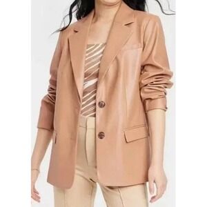 NWT "A New Day Women's Faux Leather Blazer Camel Brown Two Button Jacket Size M